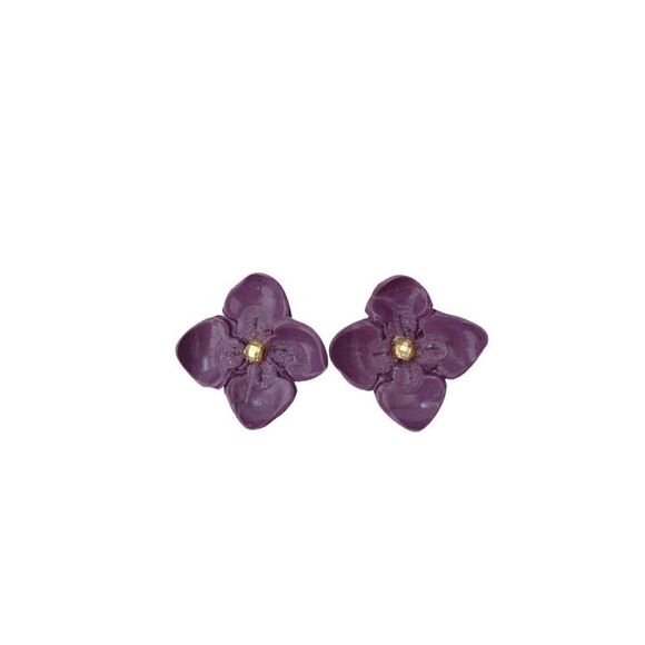 Dark Purple Flower Clay Earrings Hypoallergenic - Picture 2 of 4